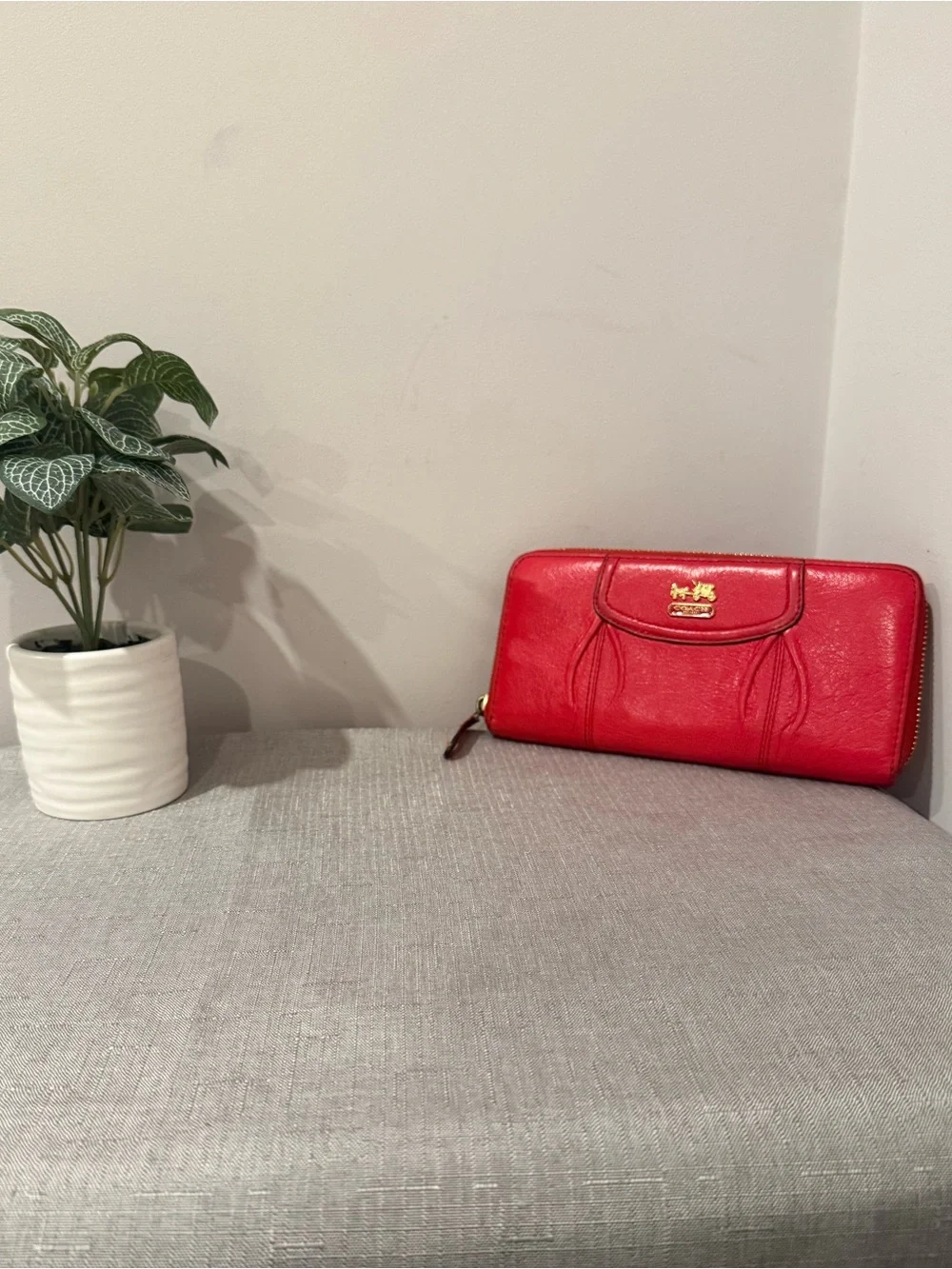 Coach Red Zip-Around Leather Wallet with Gold Hardware